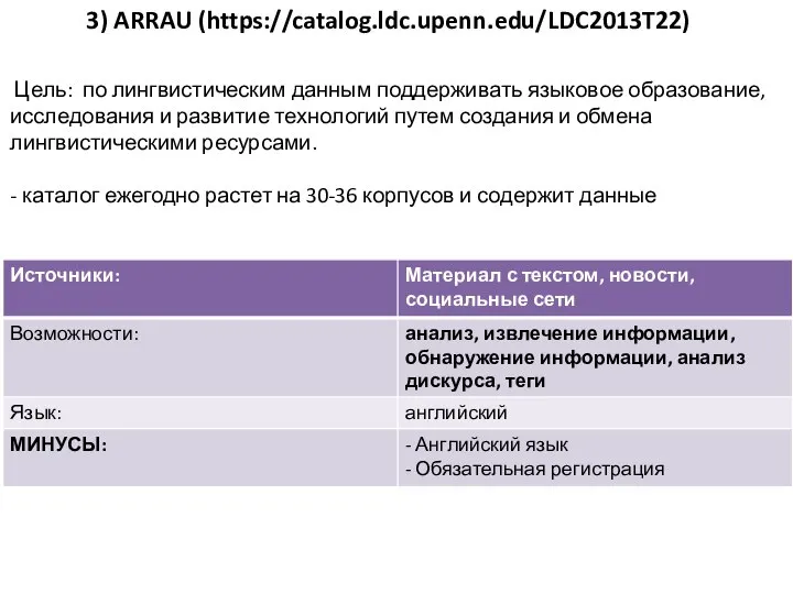 3) ARRAU (https://catalog.ldc.upenn.edu/LDC2013T22) Цель: по лингвистическим данным поддерживать языковое образование, исследования и