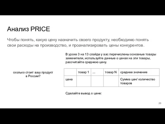 Анализ PRICE Чтобы понять, какую цену назначить своего продукту, необходимо понять свои