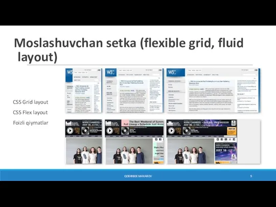 Moslashuvchan setka (flexible grid, fluid layout) CSS Grid layout CSS Flex layout Foizli qiymatlar QODIRBEK MAXAROV