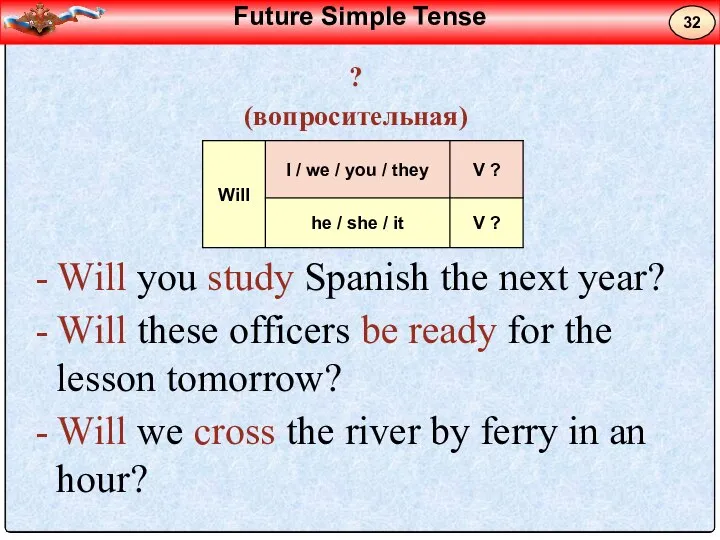 ? (вопросительная) - Will you study Spanish the next year? - Will