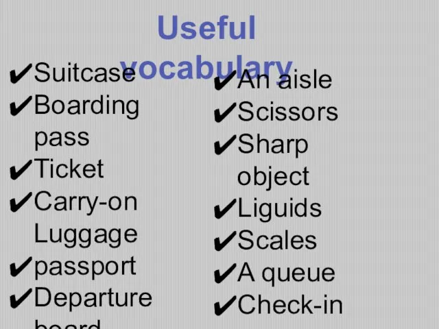 Useful vocabulary Suitcase Boarding pass Ticket Carry-on Luggage passport Departure board luggage