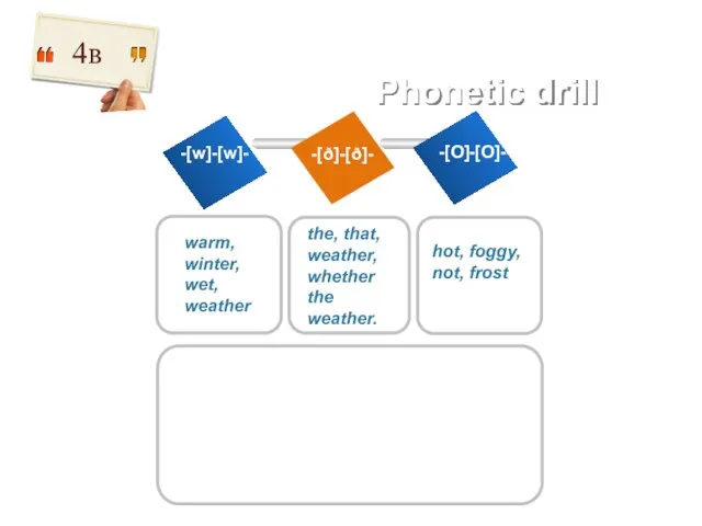 Phonetic drill TEXT -[w]-[w]- -[ð]-[ð]- -[O]-[O]- warm, winter, wet, weather the, that,