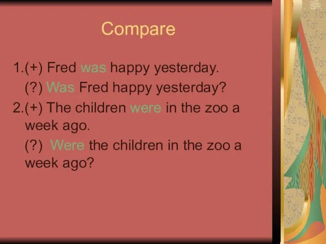 Compare 1.(+) Fred was happy yesterday. (?) Was Fred happy yesterday? 2.(+)