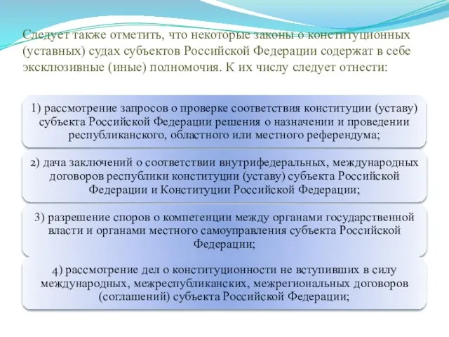 Следует также отметить, что некоторые законы о конституционных (уставных) судах субъектов Российской