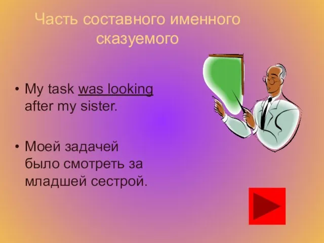 Часть составного именного сказуемого My task was looking after my sister. Моей