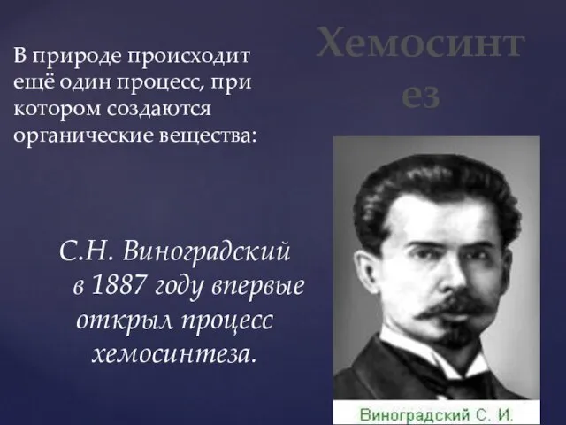 Хемосинтез С.Н. Виноградский в 1887 году впервые открыл процесс хемосинтеза. В природе