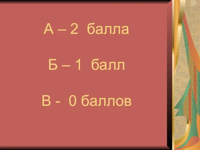 А – 2 балла Б – 1 балл В - 0 баллов