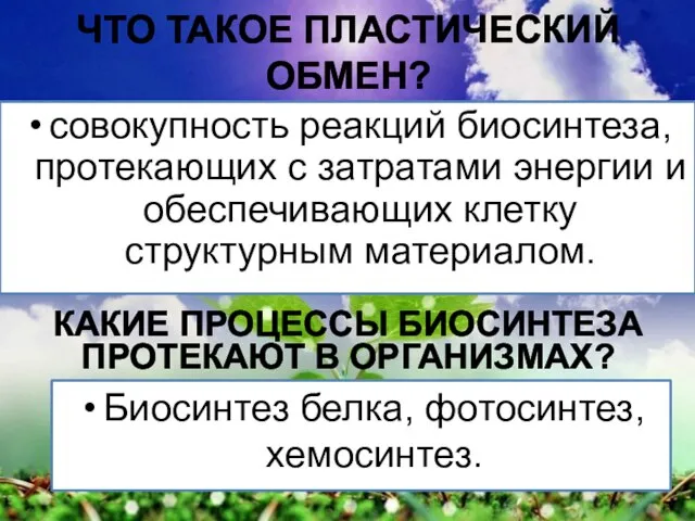 ЧТО ТАКОЕ ПЛАСТИЧЕСКИЙ ОБМЕН? совокупность реакций биосинтеза, протекающих с затратами энергии и