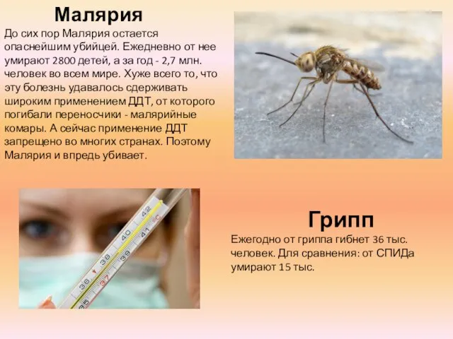 Малярия До сих пор Малярия остается опаснейшим убийцей. Ежедневно от нее умирают