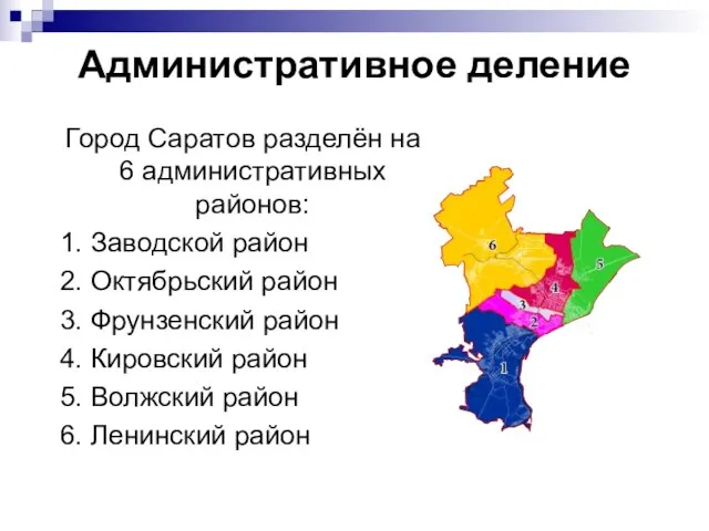 Административное деление Город Саратов разделён на 6 административных районов: 1. Заводской район