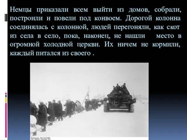 Немцы приказали всем выйти из домов, собрали, построили и повели под конвоем.