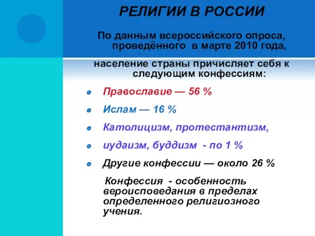 РЕЛИГИИ В РОССИИ По данным всероссийского опроса, проведённого в марте 2010 года,