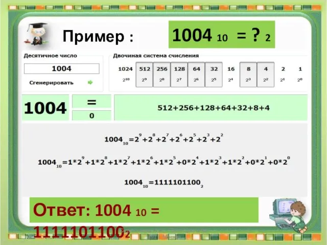 Ответ: 1004 10 = 11111011002 Сергеенкова И.М. - ГБОУ Школа № 1191 г. Москва