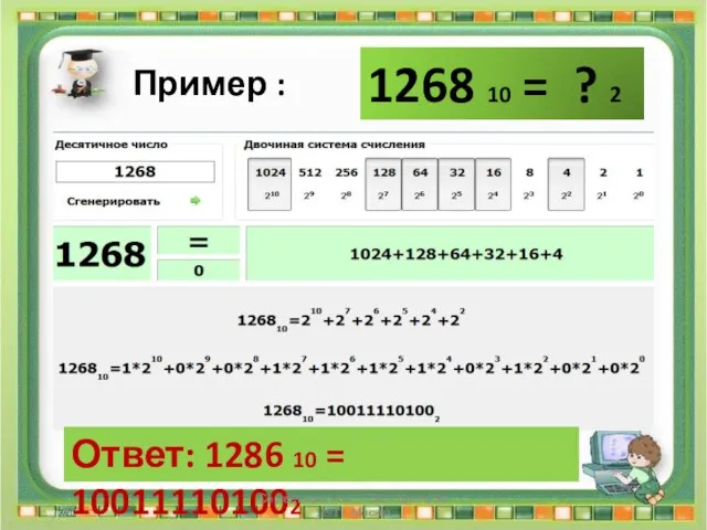Ответ: 1286 10 = 100111101002 Сергеенкова И.М. - ГБОУ Школа № 1191 г. Москва