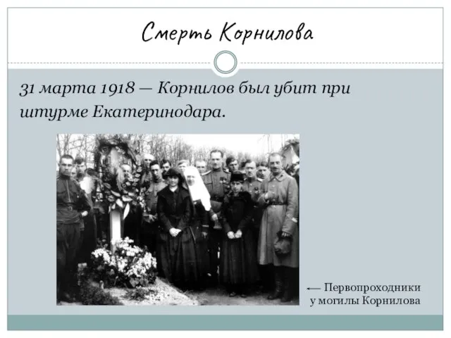 Смерть Корнилова 31 марта 1918 — Корнилов был убит при штурме Екатеринодара. Первопроходники у могилы Корнилова