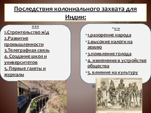 Последствия колониального захвата для Индии: «+» 1.Строительство ж\д 2.Развитие промышленности 3.Телеграфная связь