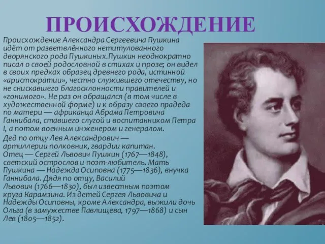 Происхождение Александра Сергеевича Пушкина идёт от разветвлённого нетитулованного дворянского рода Пушкиных.Пушкин неоднократно