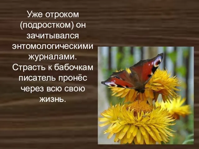 Уже отроком (подростком) он зачитывался энтомологическими журналами. Страсть к бабочкам писатель пронёс через всю свою жизнь.