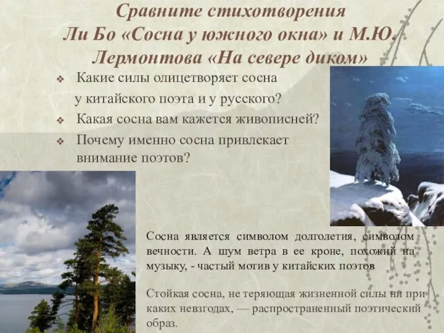 Сравните стихотворения Ли Бо «Сосна у южного окна» и М.Ю.Лермонтова «На севере