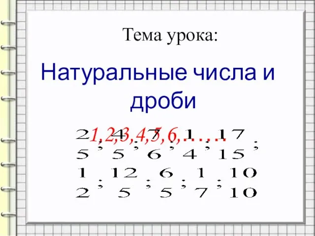 Тема урока: Натуральные числа и дроби 1,2,3,4,5,6,……