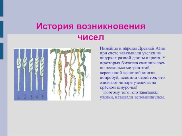 История возникновения чисел Индейцы и народы Древней Азии при счете завязывали узелки