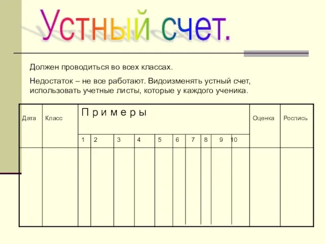 Устный счет. Должен проводиться во всех классах. Недостаток – не все работают.