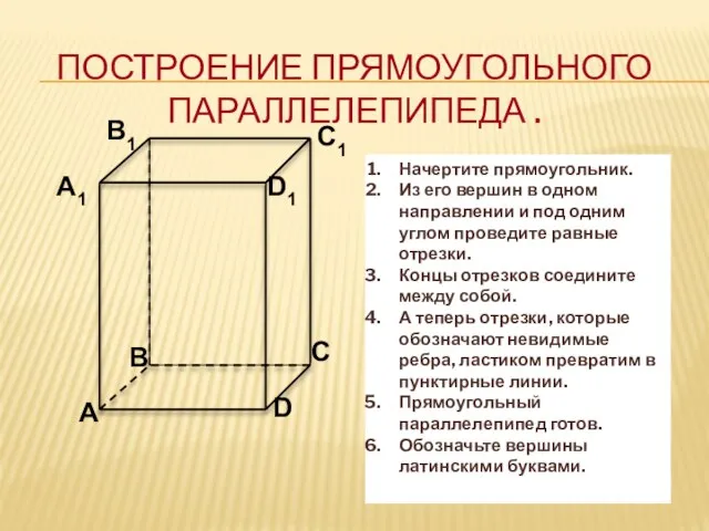 А В С D А1 B1 D1 С1 ПОСТРОЕНИЕ ПРЯМОУГОЛЬНОГО ПАРАЛЛЕЛЕПИПЕДА .