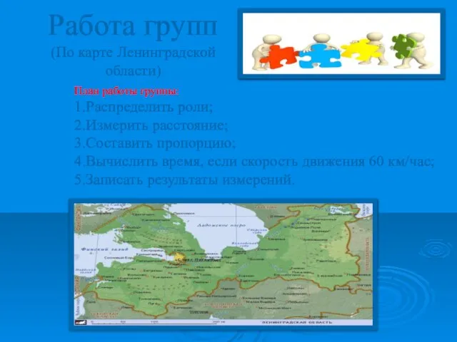 Работа групп (По карте Ленинградской области) План работы группы: 1.Распределить роли; 2.Измерить