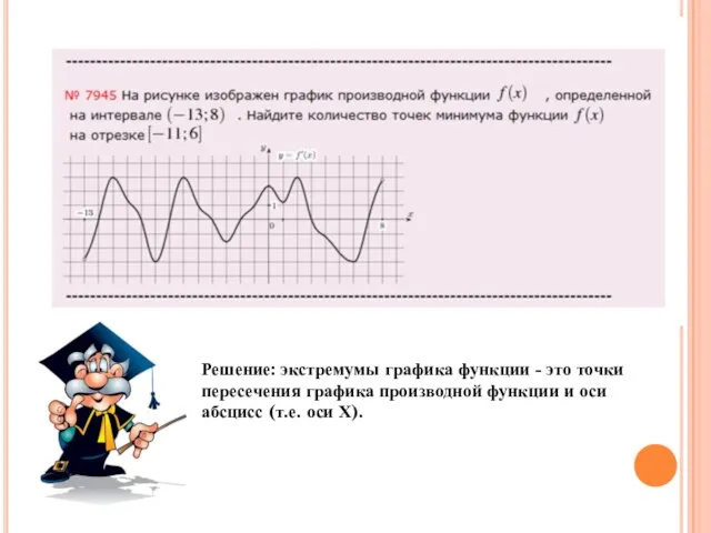 Решение: экстремумы графика функции - это точки пересечения графика производной функции и