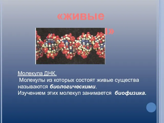 «живые молекулы» Молекула ДНК. Молекулы из которых состоят живые существа называются биологическими.