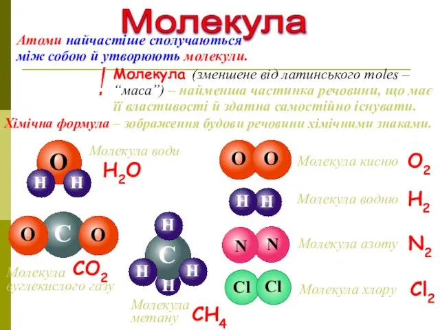 Молекула Молекула (зменшене від латинського moles – “маса”) – найменша частинка речовини,
