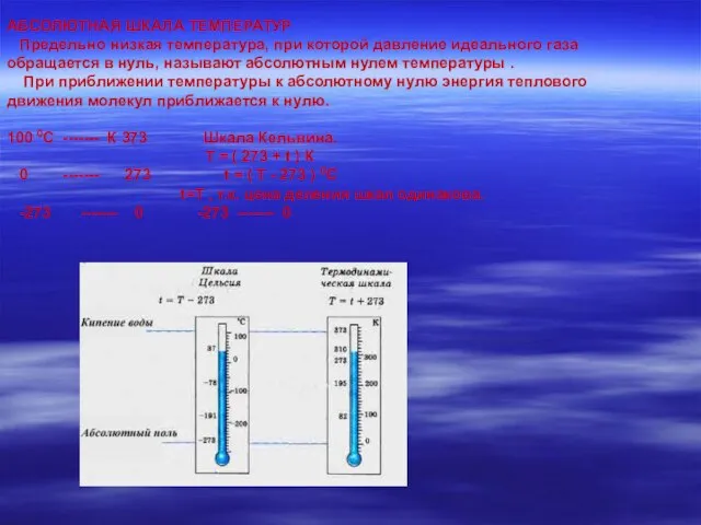 АБСОЛЮТНАЯ ШКАЛА ТЕМПЕРАТУР Предельно низкая температура, при которой давление идеального газа обращается