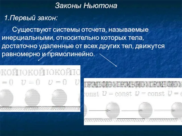 Законы Ньютона 1.Первый закон: Существуют системы отсчета, называемые инерциальными, относительно которых тела,