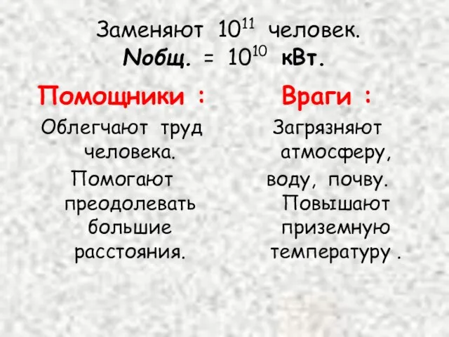 Заменяют 1011 человек. Nобщ. = 1010 кВт. Помощники : Облегчают труд человека.