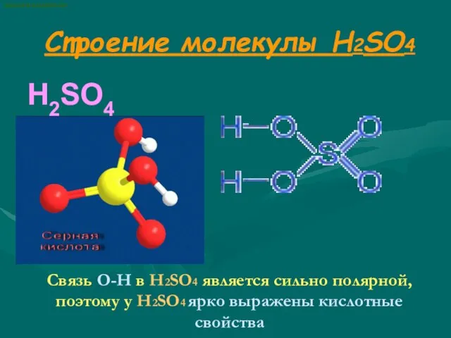 Строение молекулы H2SO4 H2SO4 Связь О-Н в H2SO4 является сильно полярной, поэтому