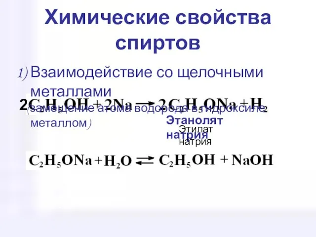 Химические свойства спиртов Взаимодействие со щелочными металлами (замещение атома водорода в гидроксиле