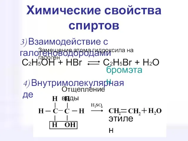 Химические свойства спиртов 3) Взаимодействие с галогеноводородами 4) Внутримолекулярная дегидратация C2H5OH +