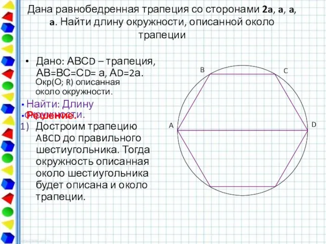 Дана равнобедренная трапеция со сторонами 2a, a, a, a. Найти длину окружности,