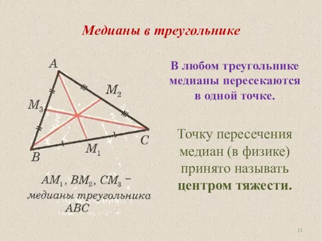 Медианы в треугольнике В любом треугольнике медианы пересекаются в одной точке. Точку