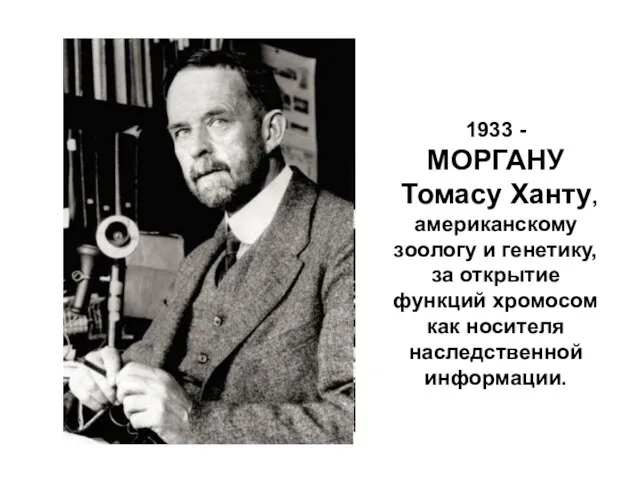 1933 - МОРГАНУ Томасу Ханту, американскому зоологу и генетику, за открытие функций