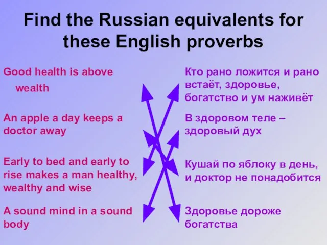 Find the Russian equivalents for these English proverbs Good health is above