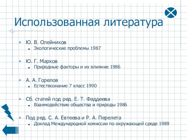 Использованная литература Ю. В. Олейников Экологические проблемы 1987 Ю. Г. Марков Природные
