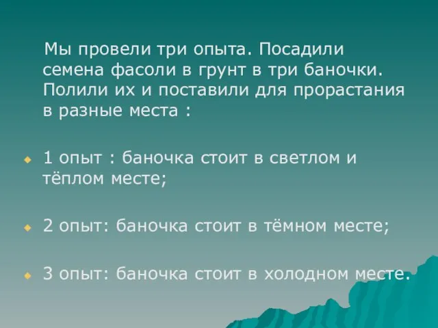 Мы провели три опыта. Посадили семена фасоли в грунт в три баночки.