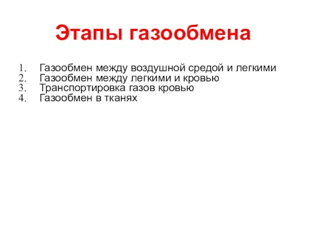 Этапы газообмена Газообмен между воздушной средой и легкими Газообмен между легкими и