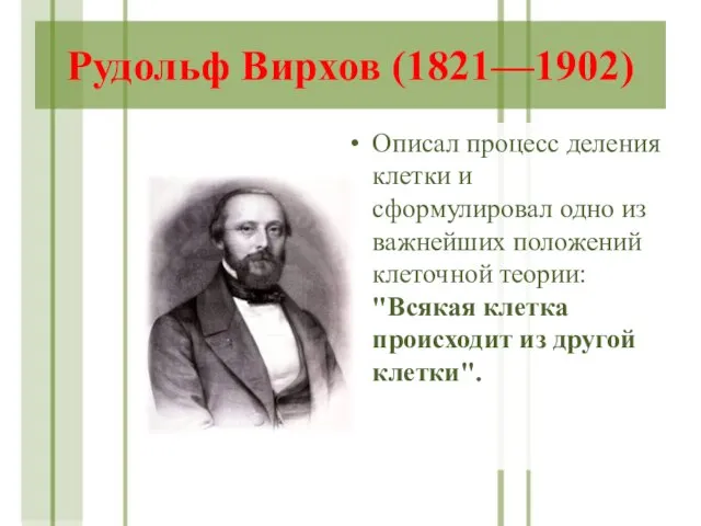 Рудольф Вирхов (1821—1902) Описал процесс деления клетки и сформулировал одно из важнейших
