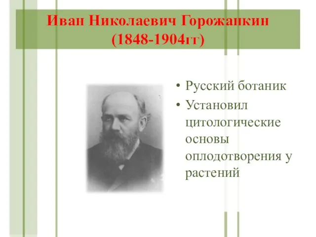 Иван Николаевич Горожанкин (1848-1904гг) Русский ботаник Установил цитологические основы оплодотворения у растений