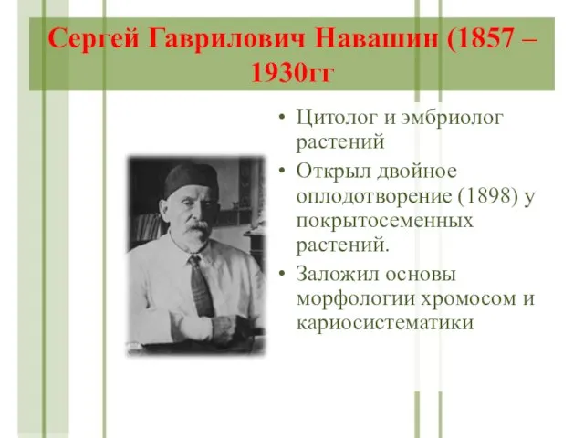 Сергей Гаврилович Навашин (1857 – 1930гг Цитолог и эмбриолог растений Открыл двойное