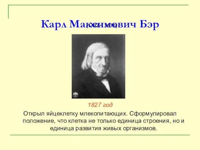 Карл Максимович Бэр 1827 год Открыл яйцеклетку млекопитающих. Сформулировал положение, что клетка