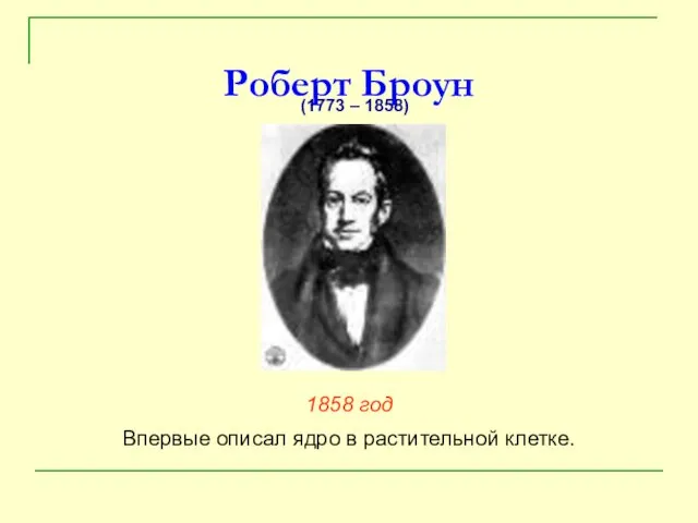 Роберт Броун 1858 год Впервые описал ядро в растительной клетке. (1773 – 1858)