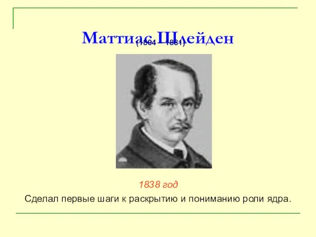 Маттиас Шлейден 1838 год Сделал первые шаги к раскрытию и пониманию роли ядра. (1804 – 1881)